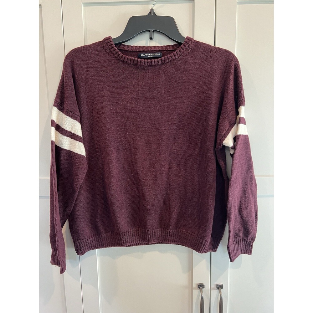 Brandy Melville Women's Veena Varsity Stripe Crewneck Sweater in Burgundy OS‎